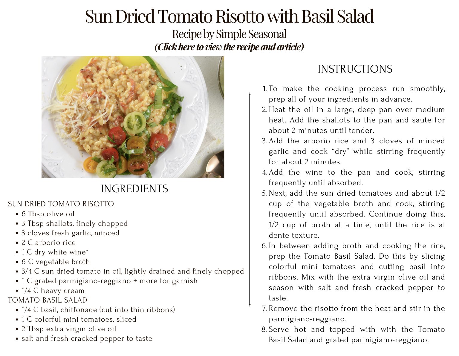 Recipe card of sun dried tomato risotto with tomato basil salad